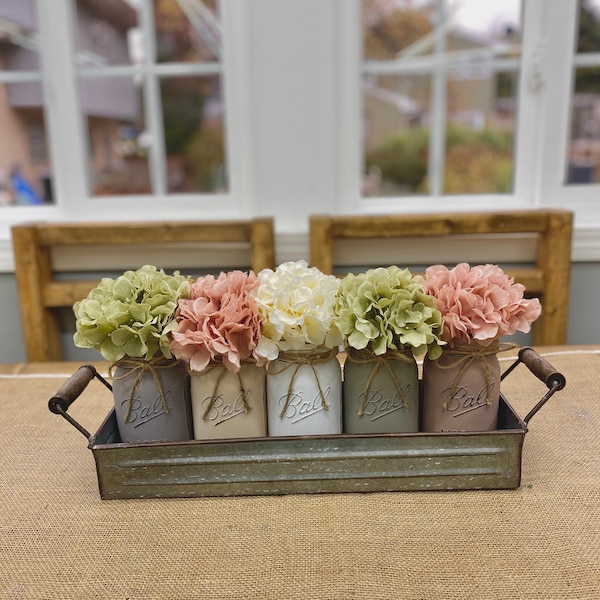 Mason Jars Decor/Farmhouse Decor with Hydrangeas/Mason Jar Decor/Table Centerpieces/Home Decor/Table Decor/Kitchen Decor