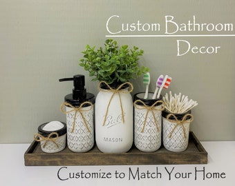 Farmhouse Bathroom Decor Set: Mason Jar Organizer with Wood Tray