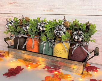 Fall Mason Jar Centerpiece: Buffalo Plaid Pumpkins, Rustic Farmhouse Decor