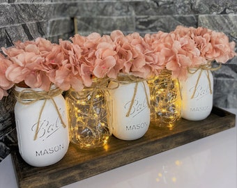 Farmhouse Mason Jar Hydrangea Centerpiece with Fairy Lights