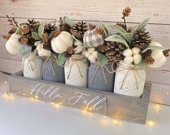 Rustic Fall Mason Jar Centerpiece: Buffalo Plaid Pumpkins & Pinecones