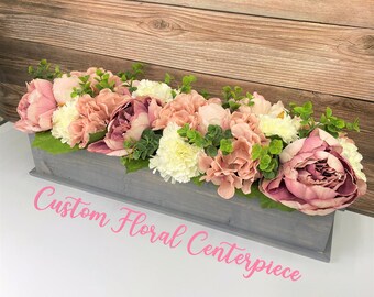 Farmhouse Floral Centerpiece: Custom Stained Tray, Peonies & Hydrangeas