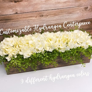 Farmhouse Planter Box Hydrangea Arrangement Table Centerpiece Home Decor Floral Rustic Centerpiece Mantle Living Room Kitchen image 1