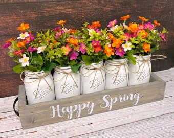 Spring Wildflower Mason Jar Centerpiece: Painted Jars, Wood Tray