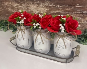 Valentine's Day Mason Jar Centerpiece: Rustic Farmhouse Rose Floral Arrangement