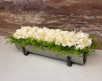 Hydrangea Farmhouse Centerpiece | Galvanized Planter Tray with Greenery
