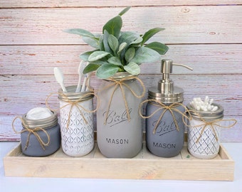 Farmhouse Bathroom Decor Set: Mason Jar Organizer with Soap Dispenser