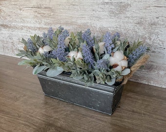 Farmhouse Floral Arrangement: Lavender, Eucalyptus & Cotton in Galvanized Metal Container