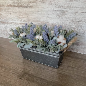 Galvanized Metal Container Floral Arrangement | Eucalyptus and Lavender Farmhouse Decor | Rustic | Table Centerpiece | Kitchen Decoration