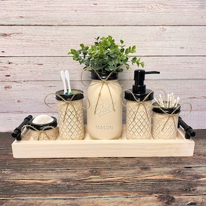 Farmhouse Bathroom Decor Set: Mason Jar Organizer with Tray