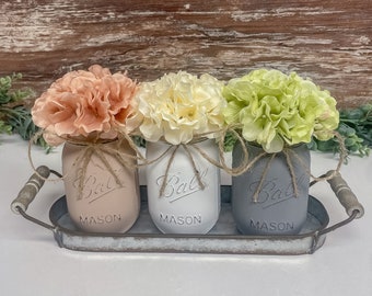 Mason Jar Hydrangea Table Centerpiece | Farmhouse Decor | Rustic | Floral Arrangement | Wedding | Kitchen | Living Room | Entryway | Mantle