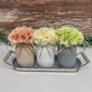 Mason Jar Hydrangea Table Centerpiece | Farmhouse Decor | Rustic | Floral Arrangement | Wedding | Kitchen | Living Room | Entryway | Mantle