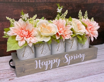 Spring Floral Centerpiece: Pink Dahlias in White Mason Jars