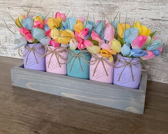 Tulip Mason Jar Centerpiece: Farmhouse Floral Arrangement with Wooden Tray