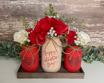 Mason Jar Set Valentines Day Decor | Farmhouse Table Centerpiece | Rustic | Gifts for Her | Valentines Gift | Rose | Floral Arrangement