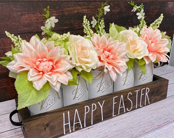 Mason Jar Spring Centerpiece: Pink Dahlias, Rustic Farmhouse Table Decor