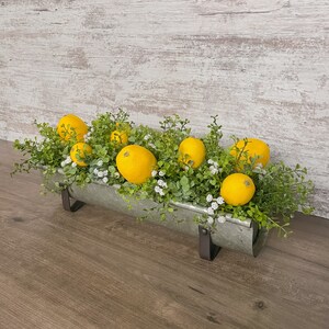 Lemon Farmhouse Floral Arrangement | Galvanized Planter Tray with Greenery | Rustic Trough | Table Centerpiece | Living Room Decor | Mantle