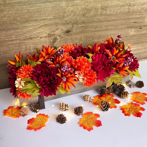 Fall Table Centerpiece | Farmhouse Fall Decor | Rustic | Thanksgiving | Floral Arrangement | Galvanized Metal Trough | Living Room | Mantle