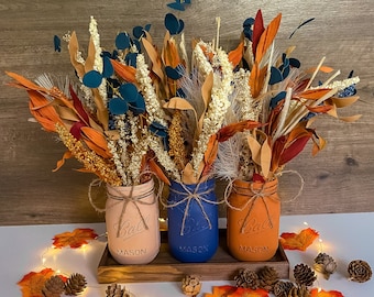 Farmhouse Mason Jar Fall Decor | Autumn Table Centerpiece | Rustic Fall | Thanksgiving Floral Arrangement | Wedding | Living Room | Entryway