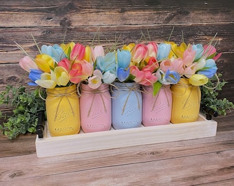 Spring Tulip Centerpiece: Pastel Mason Jars, Rustic Farmhouse Table Decor