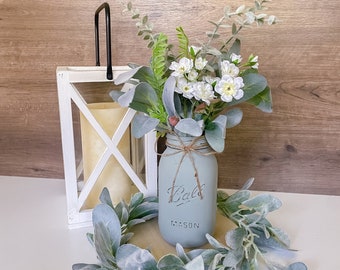 Mixed Greenery & White Flowers Mason Jar Table Decor | Wedding Centerpiece | Event Decorations | Bridal Shower |Farmhouse Floral Arrangement