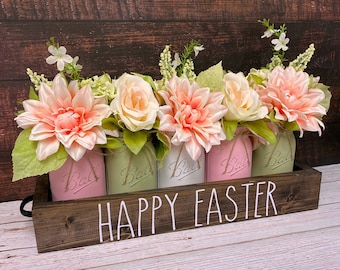 Easter Mason Jar Centerpiece: Pink Dahlias, Green Hydrangeas, Pink Roses