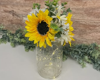 Sunflower Mason Jar Table Decor | Wedding Centerpiece | Fairy Lights | Event Table Decorations | Bridal Shower |Farmhouse Floral Arrangement