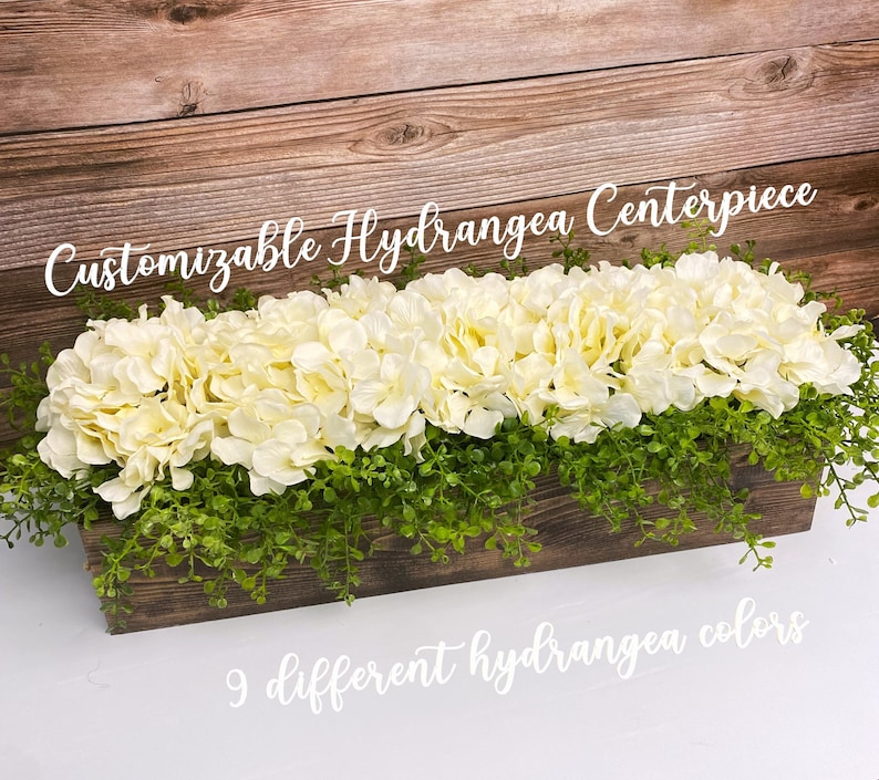 Farmhouse Planter Box Hydrangea Arrangement Table Centerpiece Home Decor Floral Rustic Centerpiece Mantle Living Room Kitchen image 1