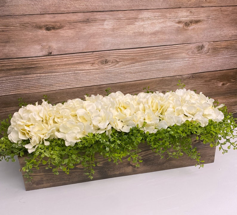 Farmhouse Planter Box Hydrangea Arrangement Table Centerpiece Home Decor Floral Rustic Centerpiece Mantle Living Room Kitchen image 5