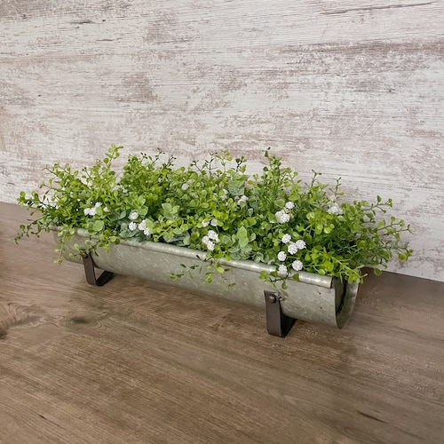 Greenery Farmhouse Floral Arrangement | Galvanized Planter Tray | Rustic | Metal Trough | Table Centerpiece | Living Room Decor | Mantle