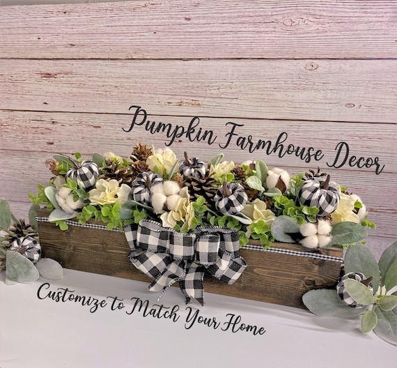 Fall Farmhouse Table Centerpiece: Buffalo Plaid Pumpkins & Pinecones