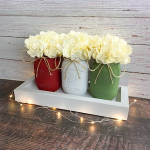 Handmade Winter Mason Jar Centerpiece: Red, White & Green Floral Arrangement
