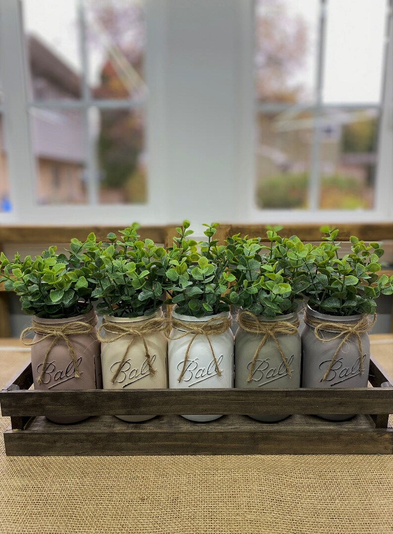 5 Mason Jars With Eucalyptus/farmhouse Decor/home Decor/table Etsy