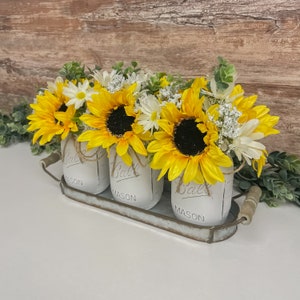 Sunflower Mason Jar Floral Arrangement | Farmhouse Decor | Rustic | Table Centerpiece | Kitchen Table Decorations | Living Room | Mantle