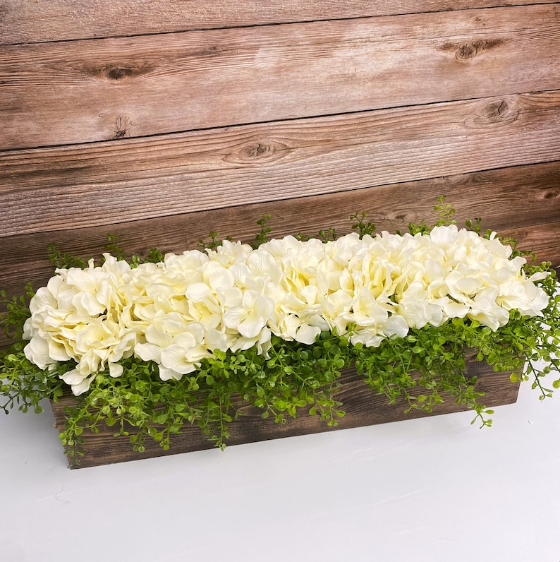 Farmhouse Planter Box Hydrangea Arrangement Table Centerpiece Home Decor Floral Rustic Centerpiece Mantle Living Room Kitchen image 4