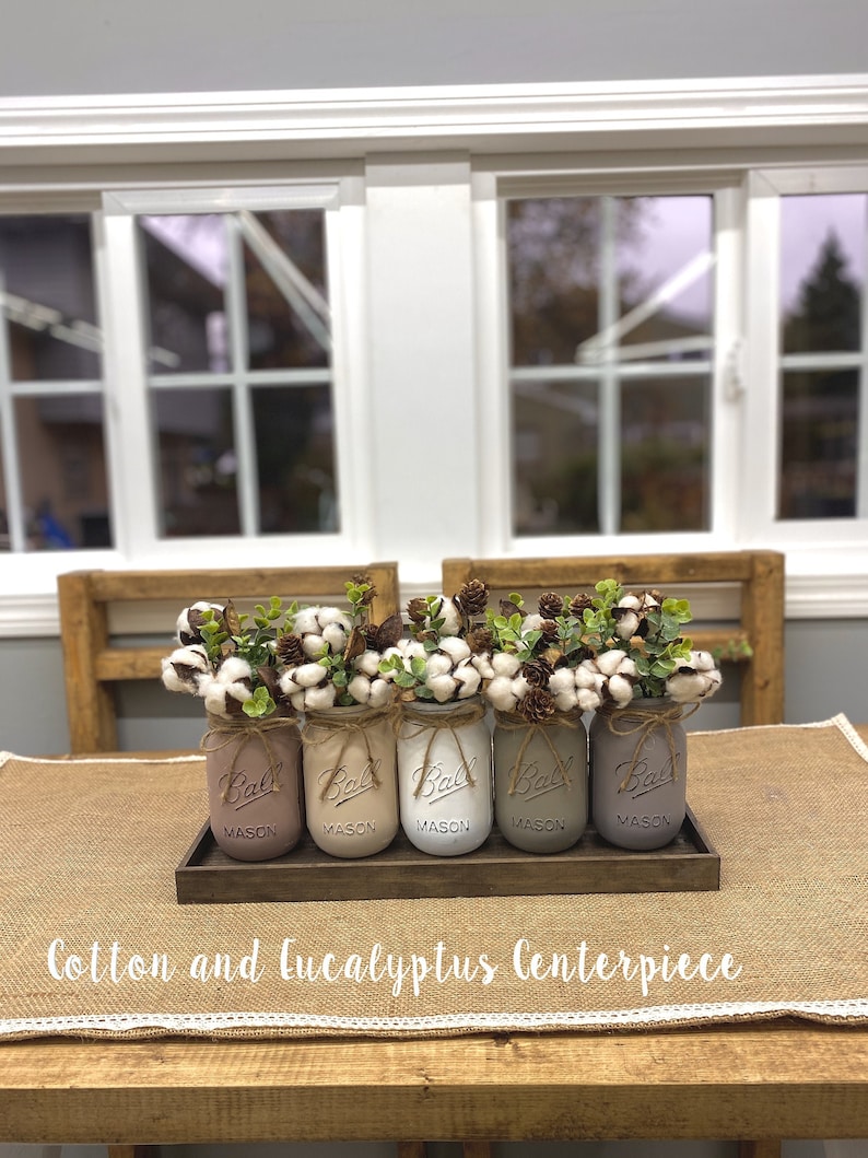 Mason Jars With Cotton Eucalyptus and Mini Pinecones Etsy