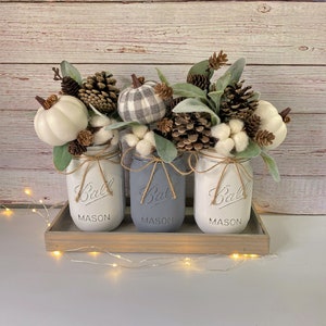 Fall Mason Jar Centerpiece: Buffalo Plaid Pumpkin, Pine Cones