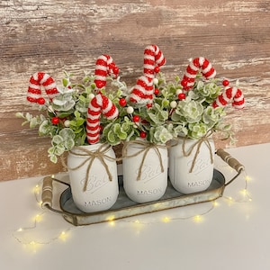 Candy Cane Mason Jar Centerpiece: Winter Holiday Arrangement
