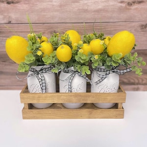 Lemon Farmhouse Decor | Mason Jar Table Centerpiece | Home Decor | Dining Room Table Decor | Kitchen Decor | Seasonal Floral Arrangement