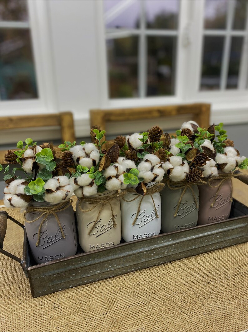 Mason Jars With Cotton Eucalyptus and Mini Pinecones Etsy