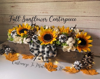 Fall Sunflower Centerpiece: Buffalo Plaid Ribbon, Rustic Farmhouse Tray
