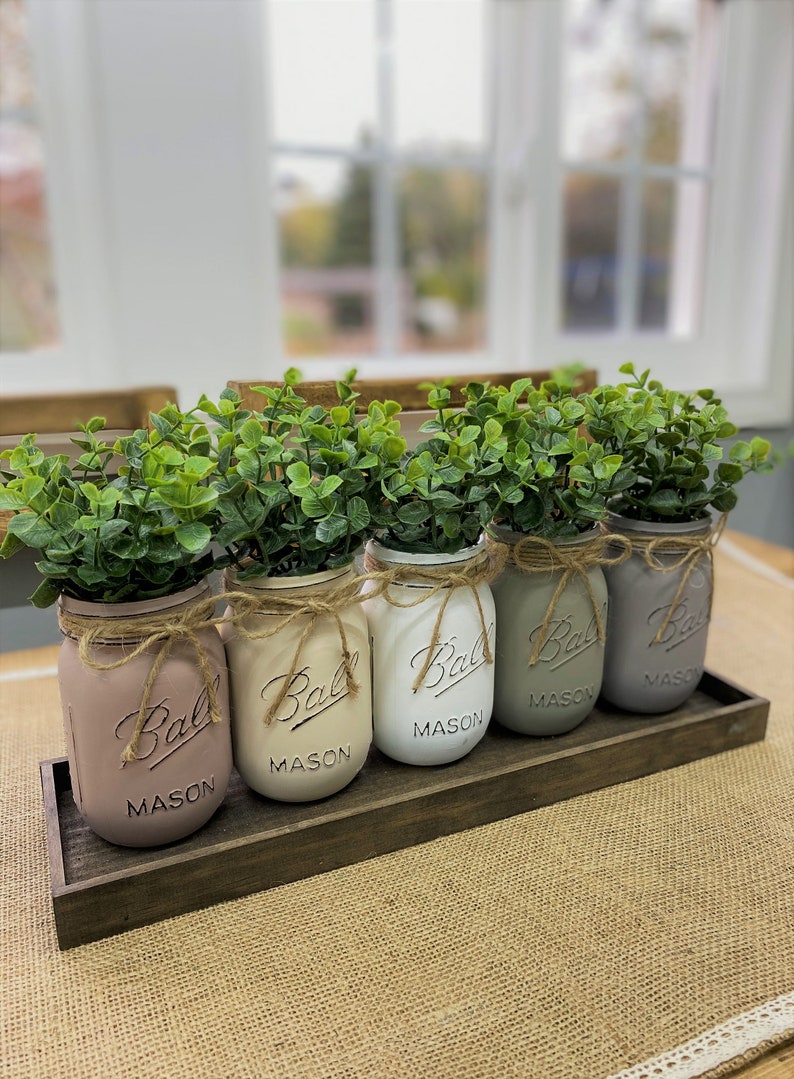 5 Mason Jars with Eucalyptus/Farmhouse Decor/Home Decor/Table Etsy