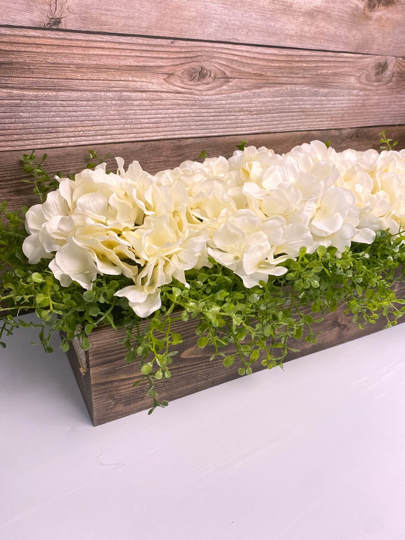 Farmhouse Planter Box Hydrangea Arrangement Table Centerpiece Home Decor Floral Rustic Centerpiece Mantle Living Room Kitchen image 6