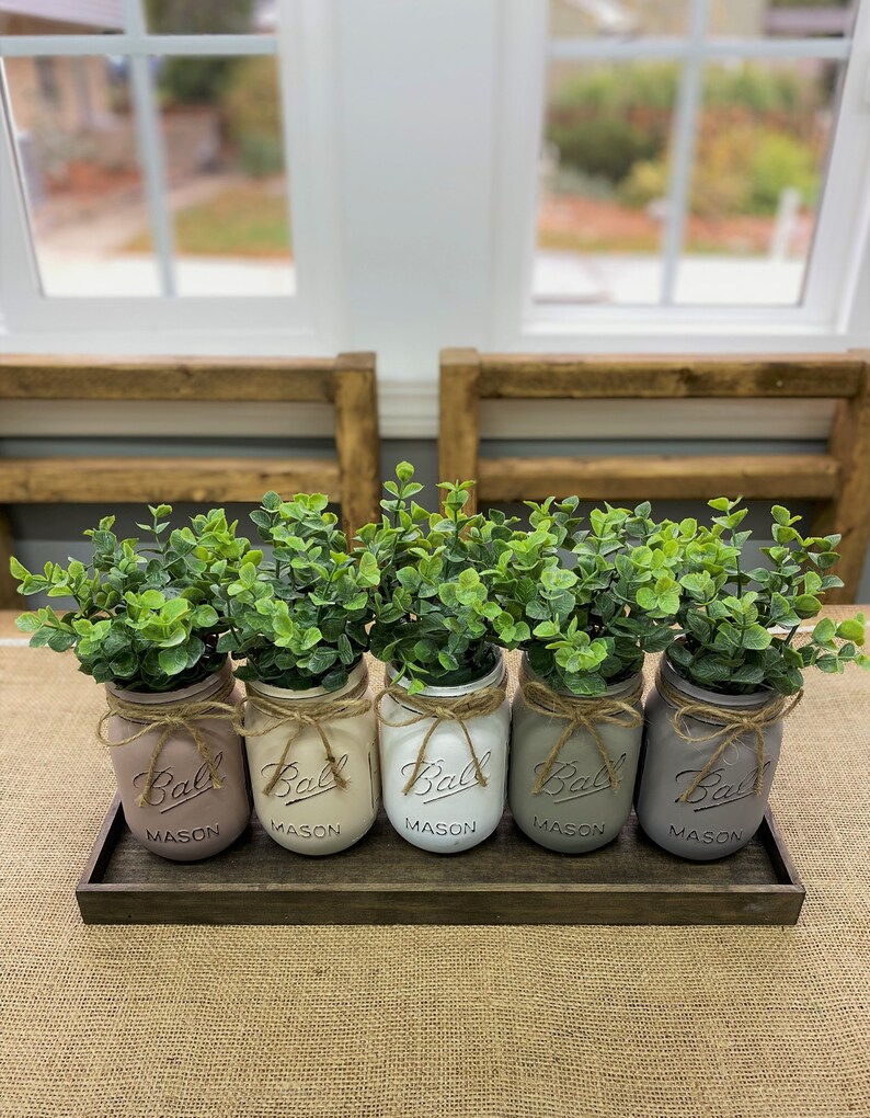 5 Mason Jars With Eucalyptus/farmhouse Decor/home Decor/table Etsy