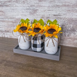 Sunflower Mason Jar Floral Arrangement | Farmhouse Decor | Rustic | Table Centerpiece | Kitchen Table Decorations | Living Room | Mantle
