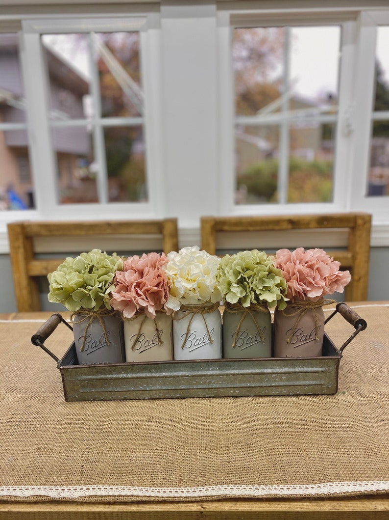 Mason Jars Decor/Farmhouse Decor with Hydrangeas/Mason Jar Decor/Table Centerpieces/Home Decor/Table Decor/Kitchen Decor image 1