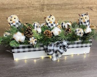 Buffalo Plaid Owl  Decor | Black and White | Christmas Arrangement | Winter Centerpiece | Table Decoration | Holiday | Floral | Gifts