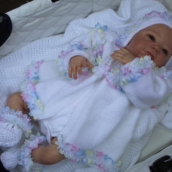 Hand Knitted Baby Matinee Coat, Bonnet & Booties ‘Hyacinth’ Set