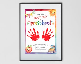 Arte con huellas de manos para mi primer día de preescolar, regalo especial para niños, manualidad preescolar, recuerdo DIY (descarga imprimible instantánea)