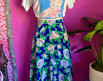 Vintage Silk Blue and Purple Rose Midi Skirt